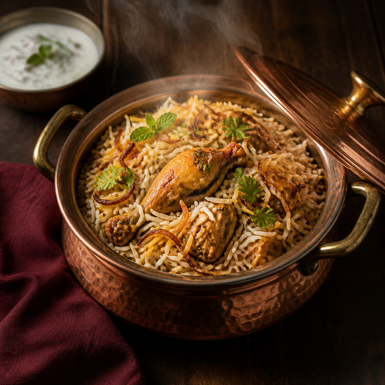 Chicken biryani served in a copper handi