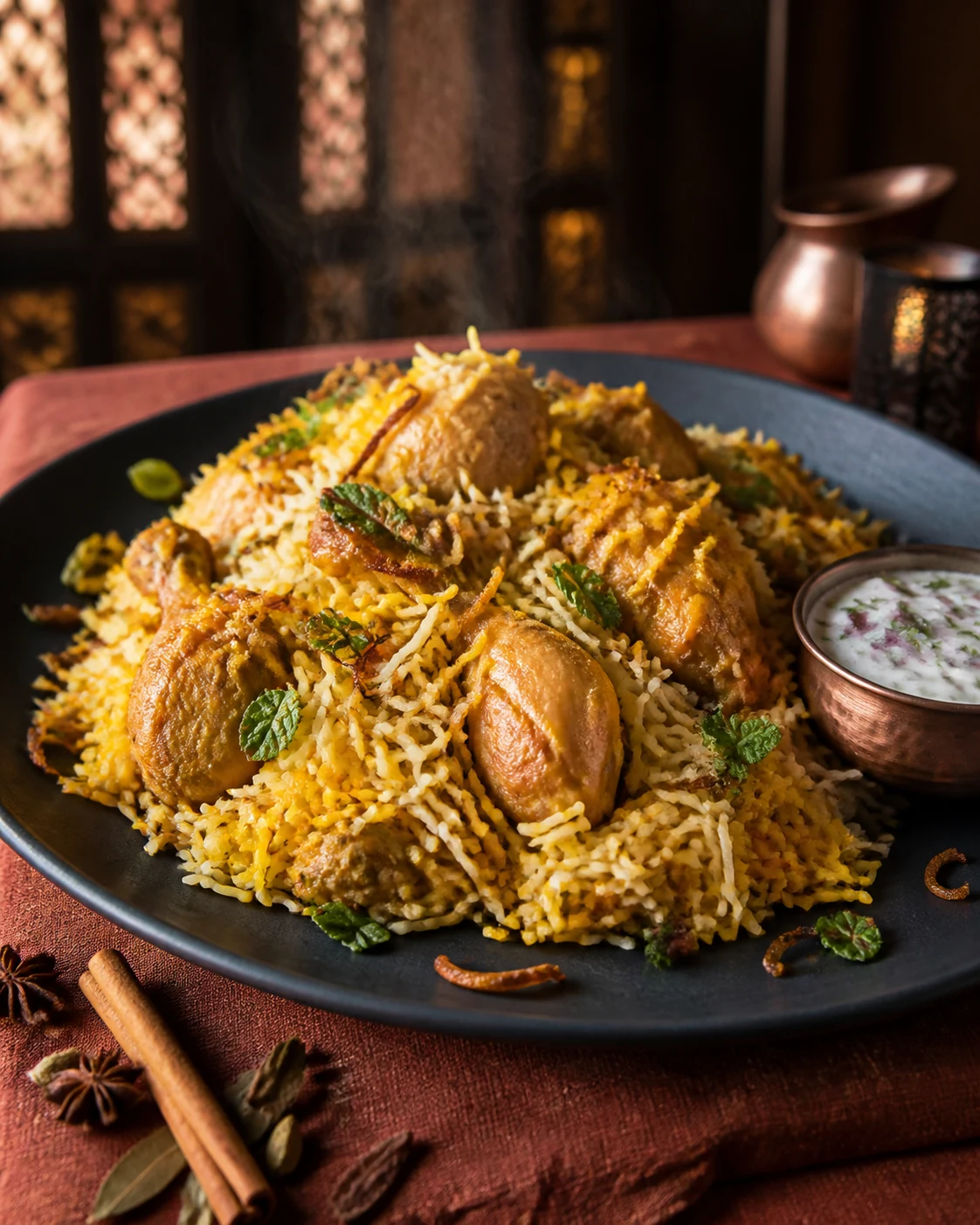 Chicken biryani with saffron rice and mint