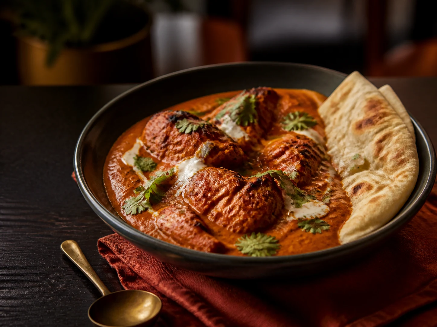 Chicken tikka masala in a black bowl with naan