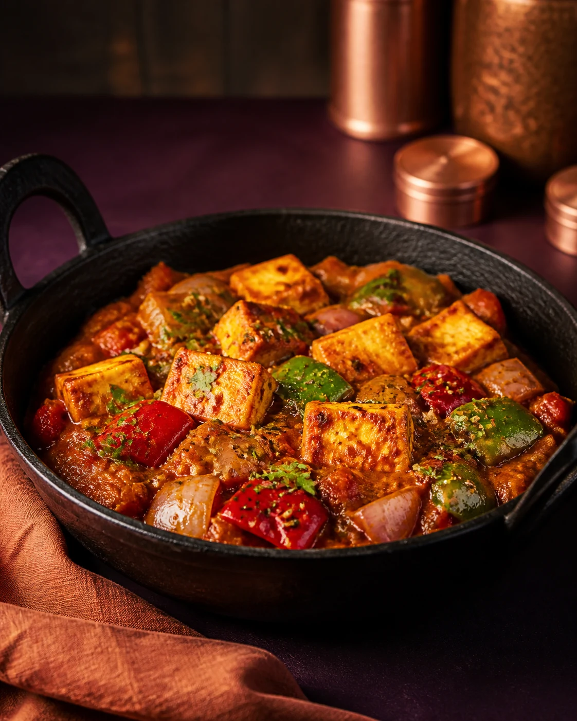 Kadai paneer with peppers in a cast-iron pan