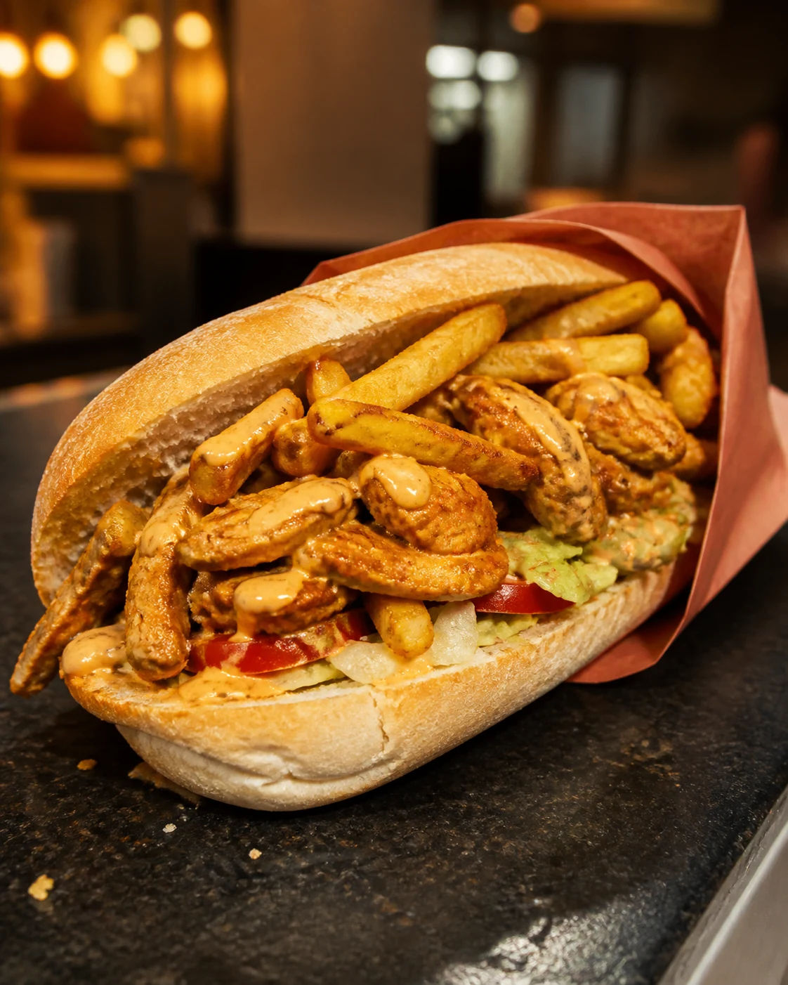 Loaded Gatsby sandwich with spiced chicken and fries