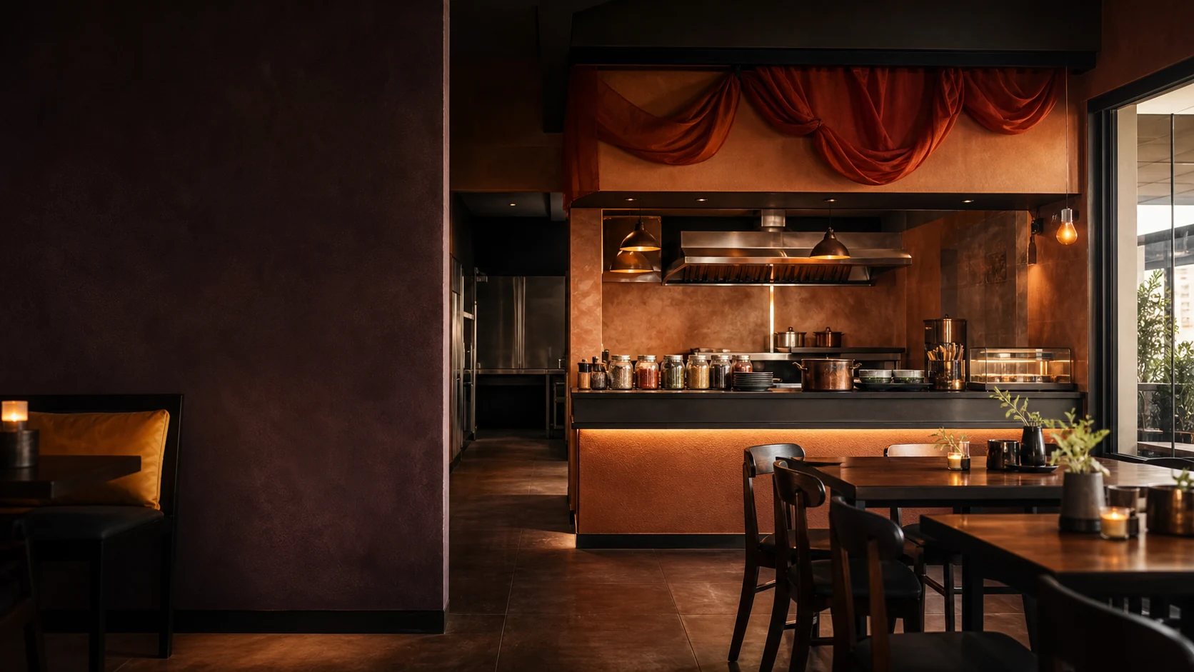 Warmly lit restaurant interior with a service counter and dining tables