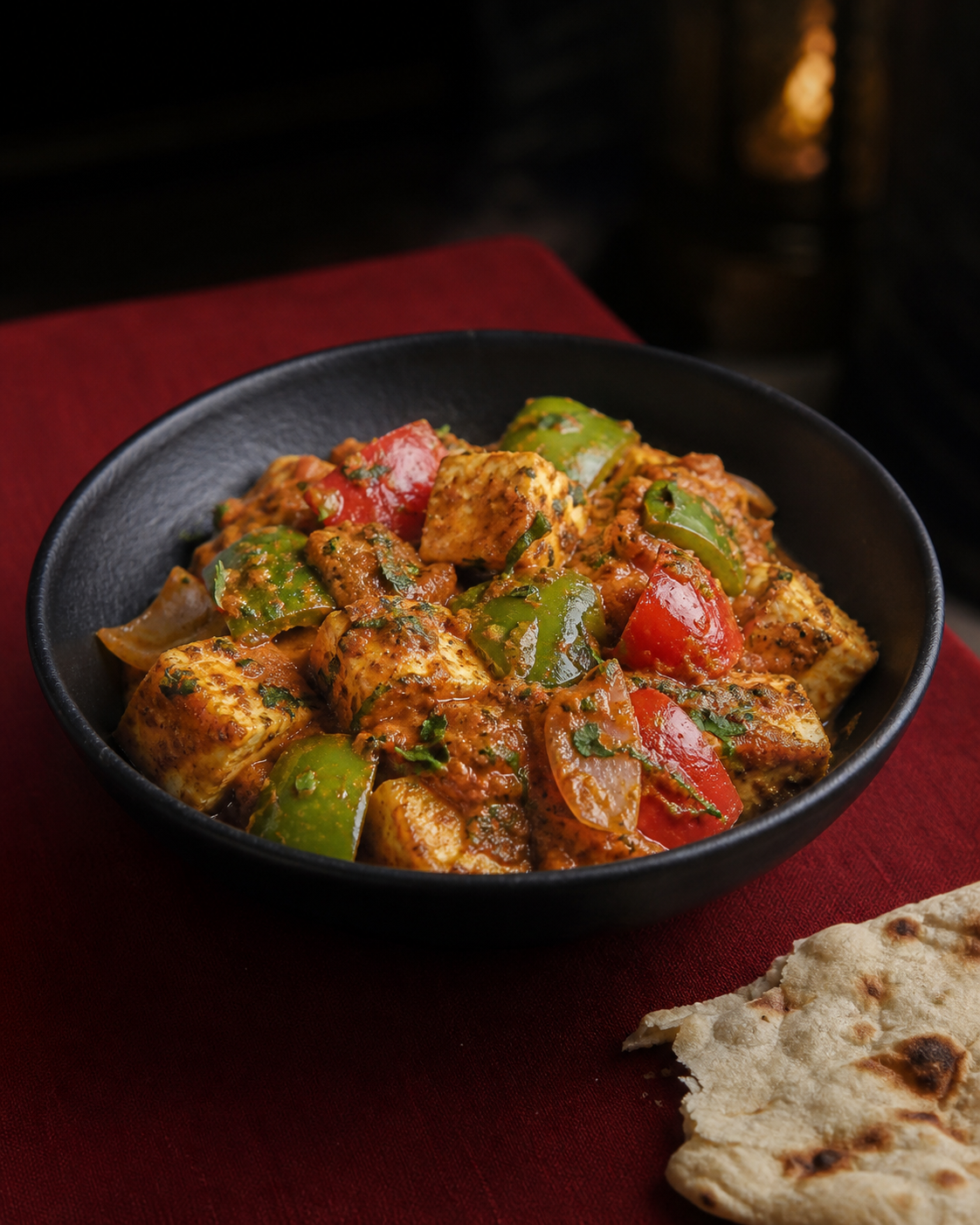 Kadai paneer with peppers in a black bowl